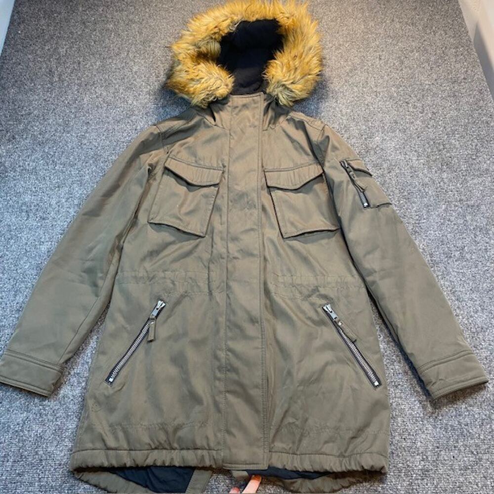 S13 Eskimo Parka Faux Fur Trim Hooded Jacket Army Green Overcoat Womens Medium